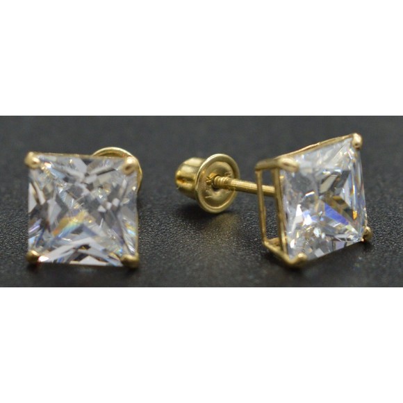 14k Solid Yellow Gold 2.00ct cz Princess-Cut Earrings ScrewBack Stud Earrings - Picture 2 of 4